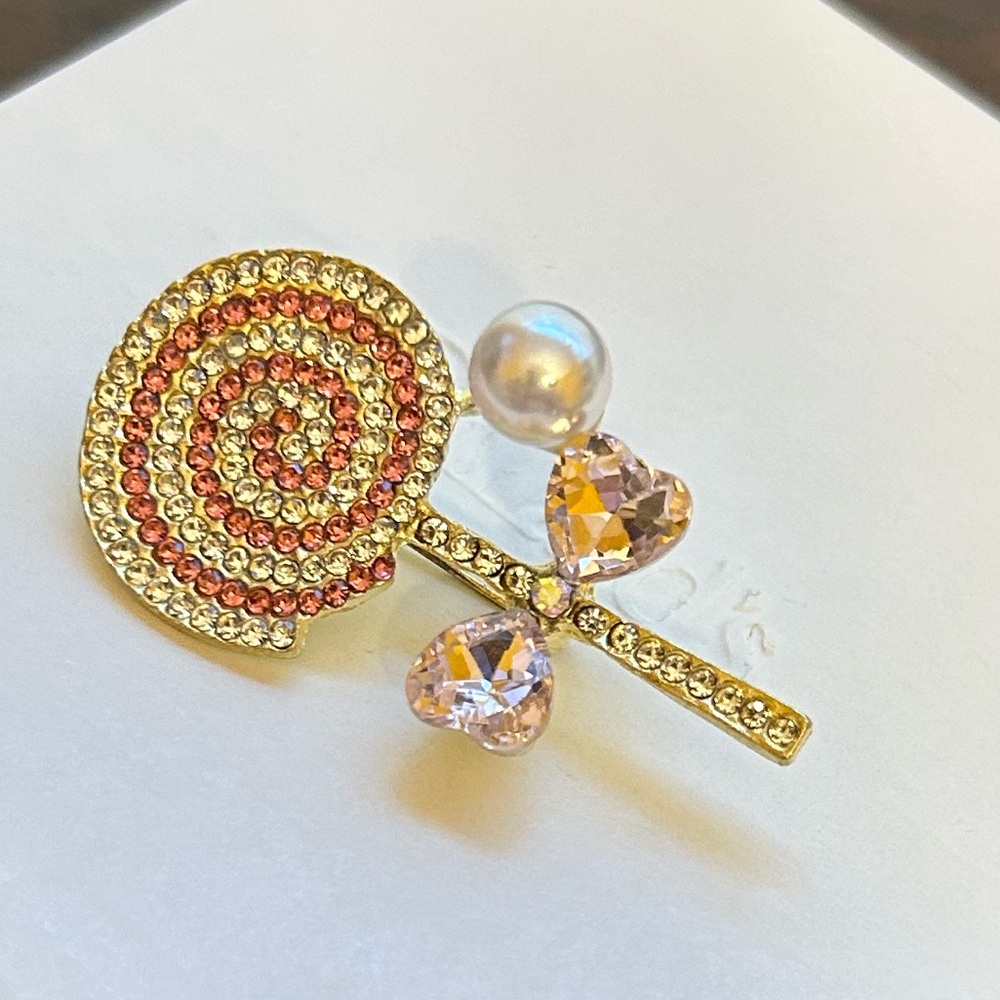 Gold Tone & Pink Lollipop Brooch Pin NWOT w/Faux Pearl Measures 2 X 1 Inches